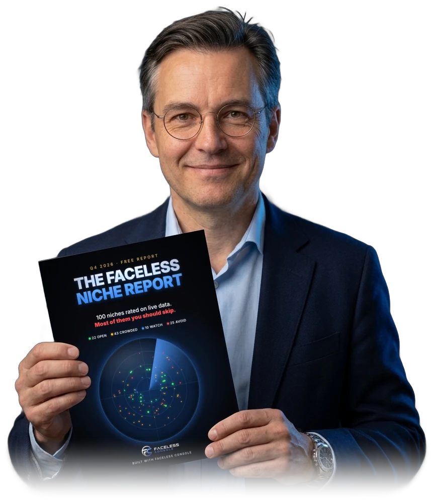 Faceless Jack holding The Faceless Niche Report, Q4 2026, built with Faceless Console