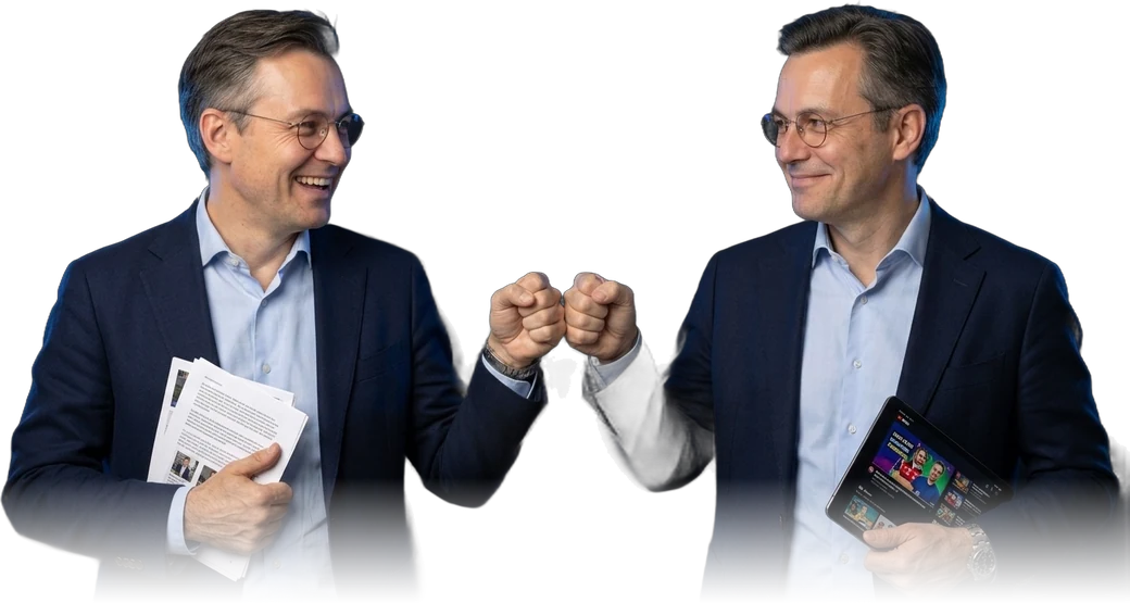 Two Faceless Jacks bumping fists, one holding a script, the other a tablet with the thumbnail