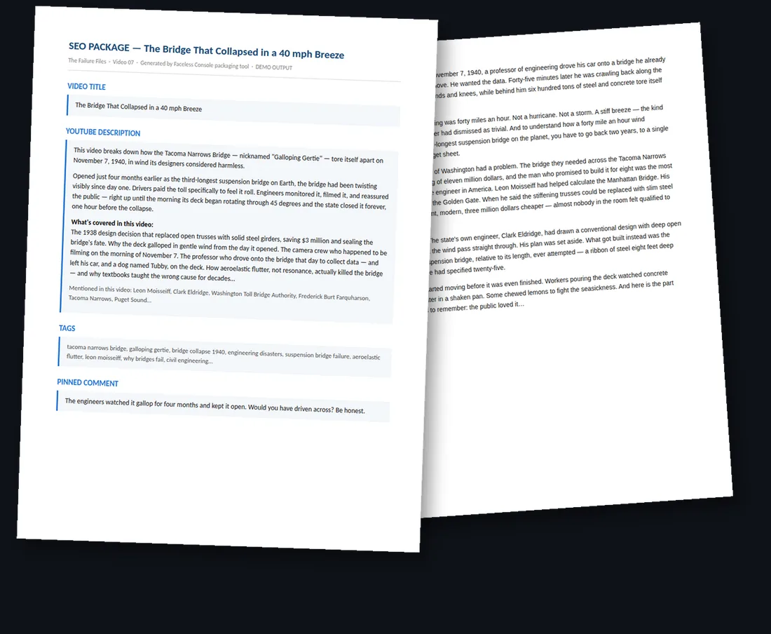 Real Faceless Console outputs — SEO package and voice-ready script